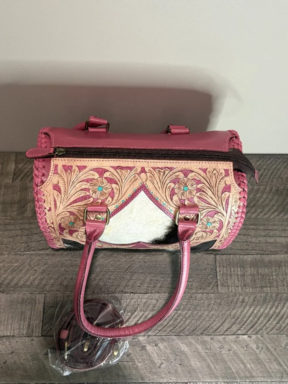 Handcrafted Tooled Leather Cowhide Handbag Pink Floral Spade Western Satchel